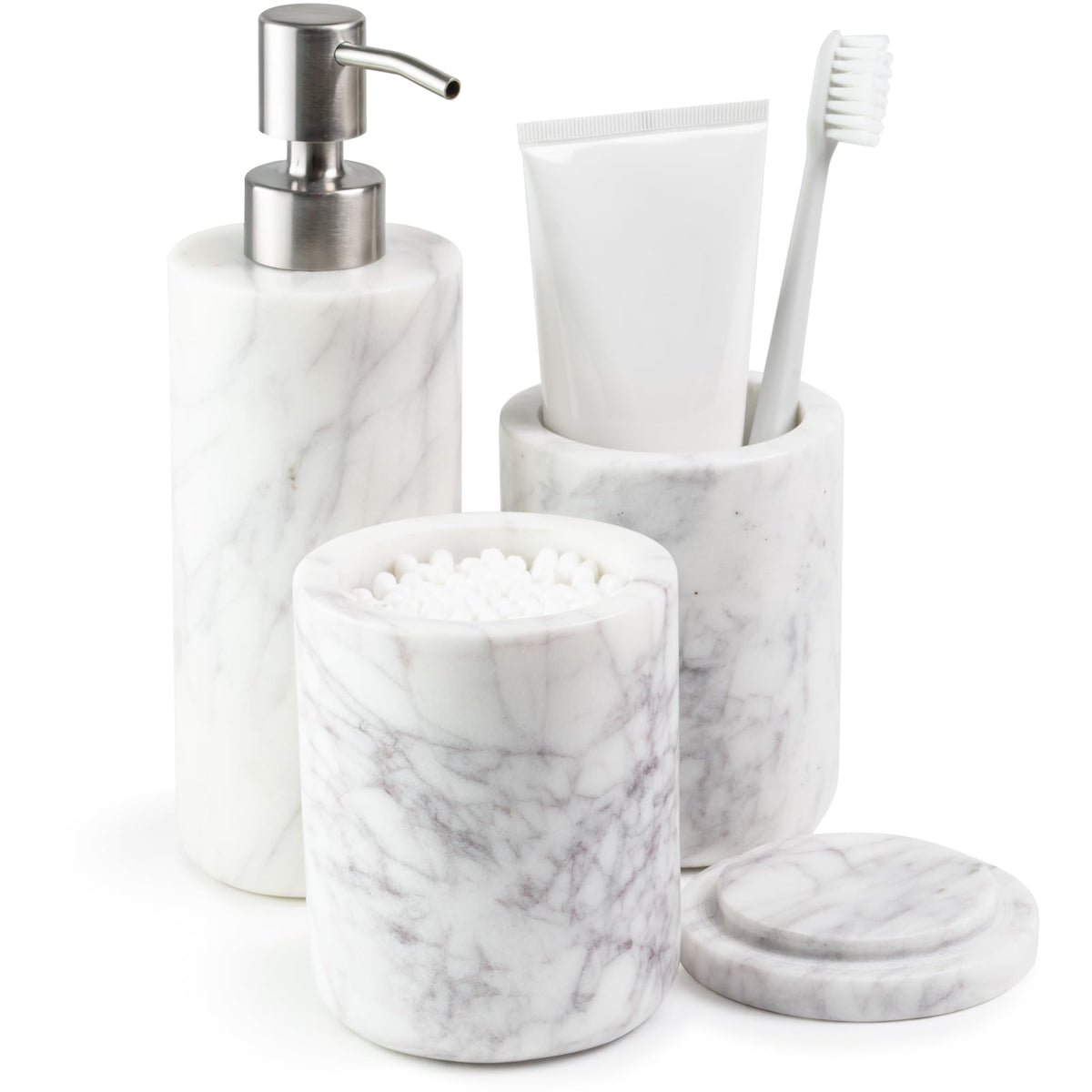 Cork & Mill marble bathroom dispenser with brushed pump for daily use