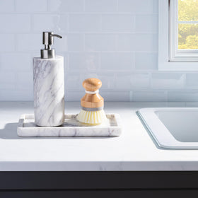 Cork & Mill marble dispenser for kitchen dish soap at the sink.