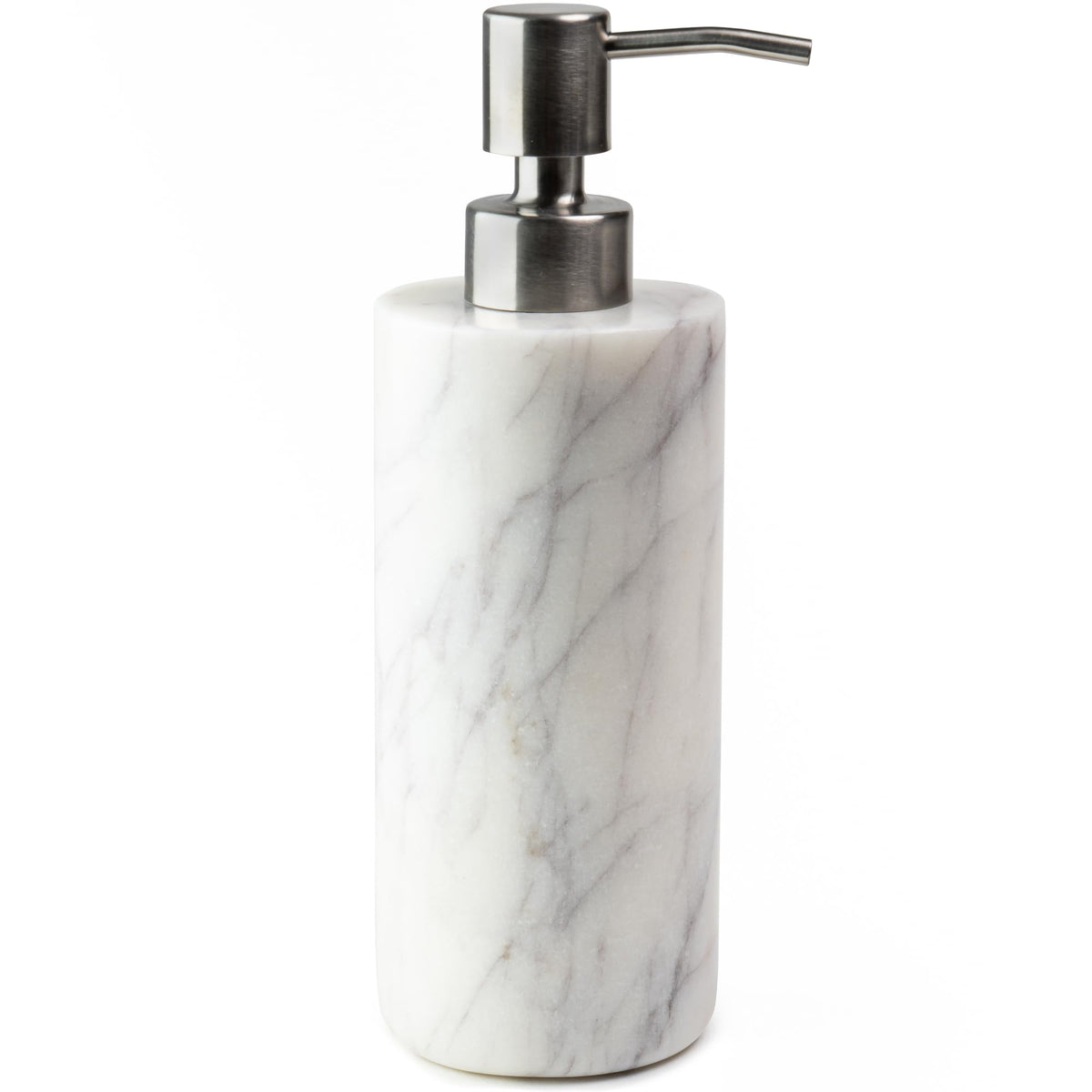 Cork & Mill marble dispenser with stainless steel pump top for stylish hand washing.
