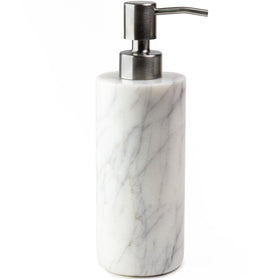 Cork & Mill marble dispenser with stainless steel pump top for stylish hand washing.