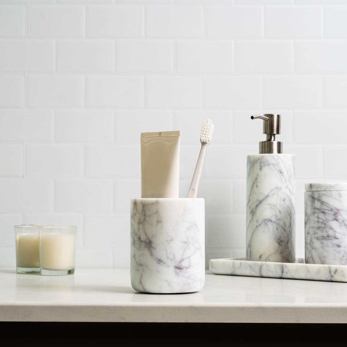 Cork & Mill marble pump detail with brushed stainless top