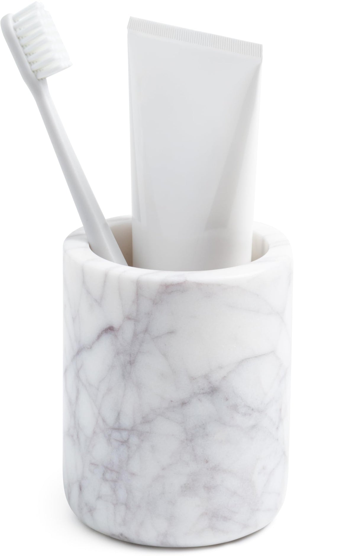 Cork & Mill toothbrush holder close-up shows real white marble texture and premium craftsmanship.