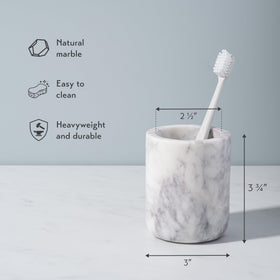 Cork & Mill toothbrush holder side view highlights stable, heavyweight marble.