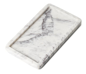 Cork & Mill marble tray on bathroom counter highlights unique veining for elegant organization.