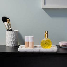 Cork & Mill marble tray holds soap dispensers or small bathroom essentials.