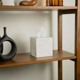 Cork & Mill cube tissue holder shows natural veining for luxe rooms.