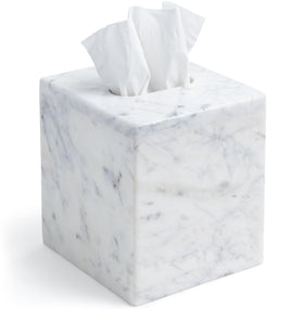 Cork & Mill marble tissue box cover in white adds elegant, stable display.