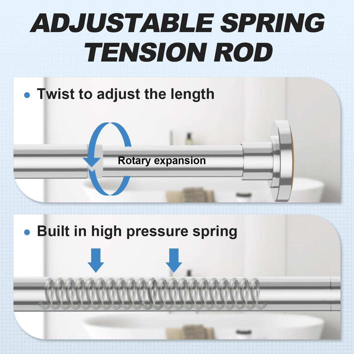 CorkLatta chrome shower rod telescoping mechanism showing easy length adjustment