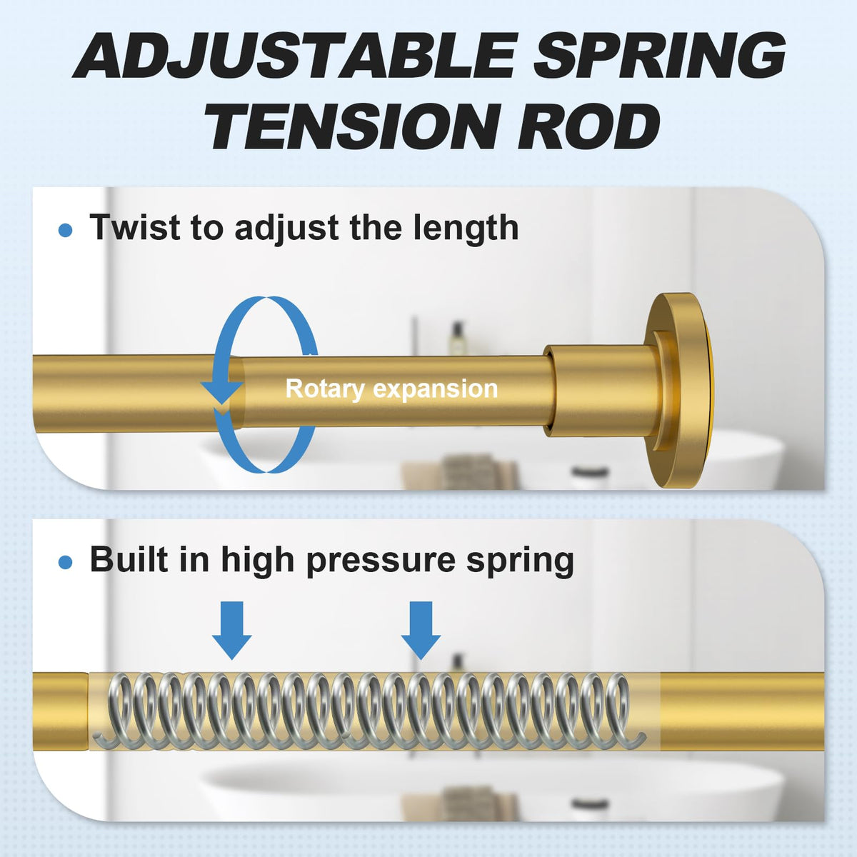 CorkLatta Gold Shower Rod close-up shows stainless steel, rust-proof finish.