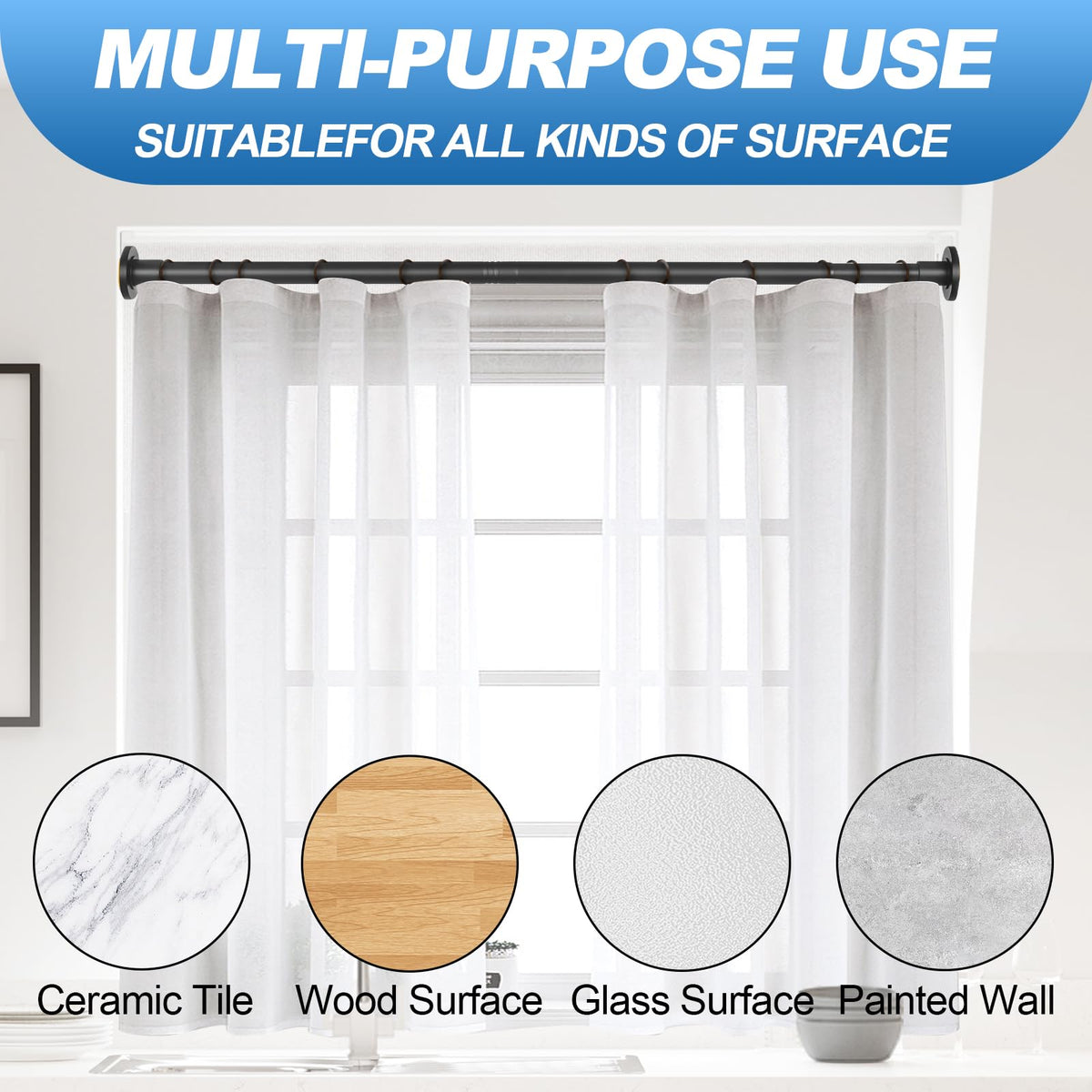 CorkLatta multiuse rod supports curtains, closets, and light hangings beyond the shower.