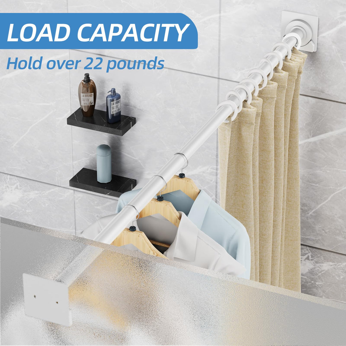 CorkLatta white shower curtain rod holders highlight secure mounting for stable curtains.