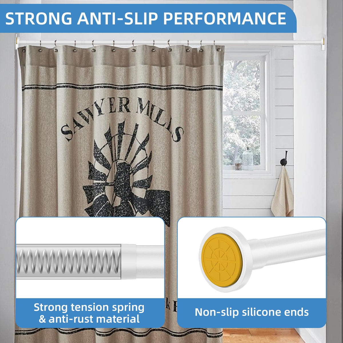 CorkLatta white shower curtain rod length adjustment demonstrates flexible 32-80 inch fit.