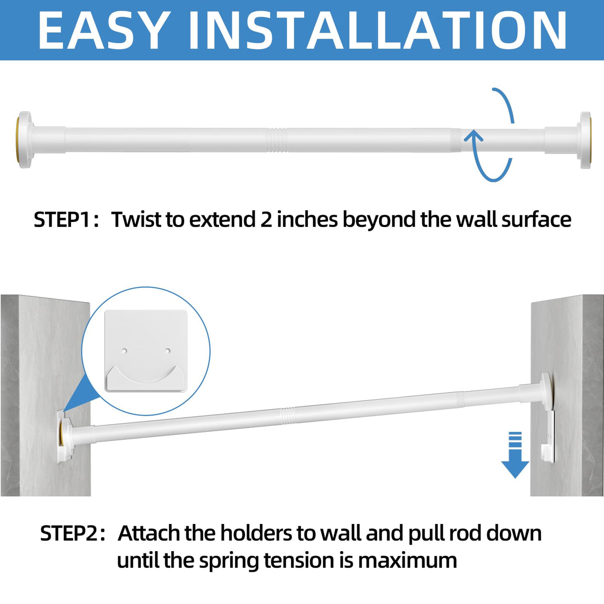 CorkLatta white shower curtain rod stainless steel emphasizes durability and rust resistance.