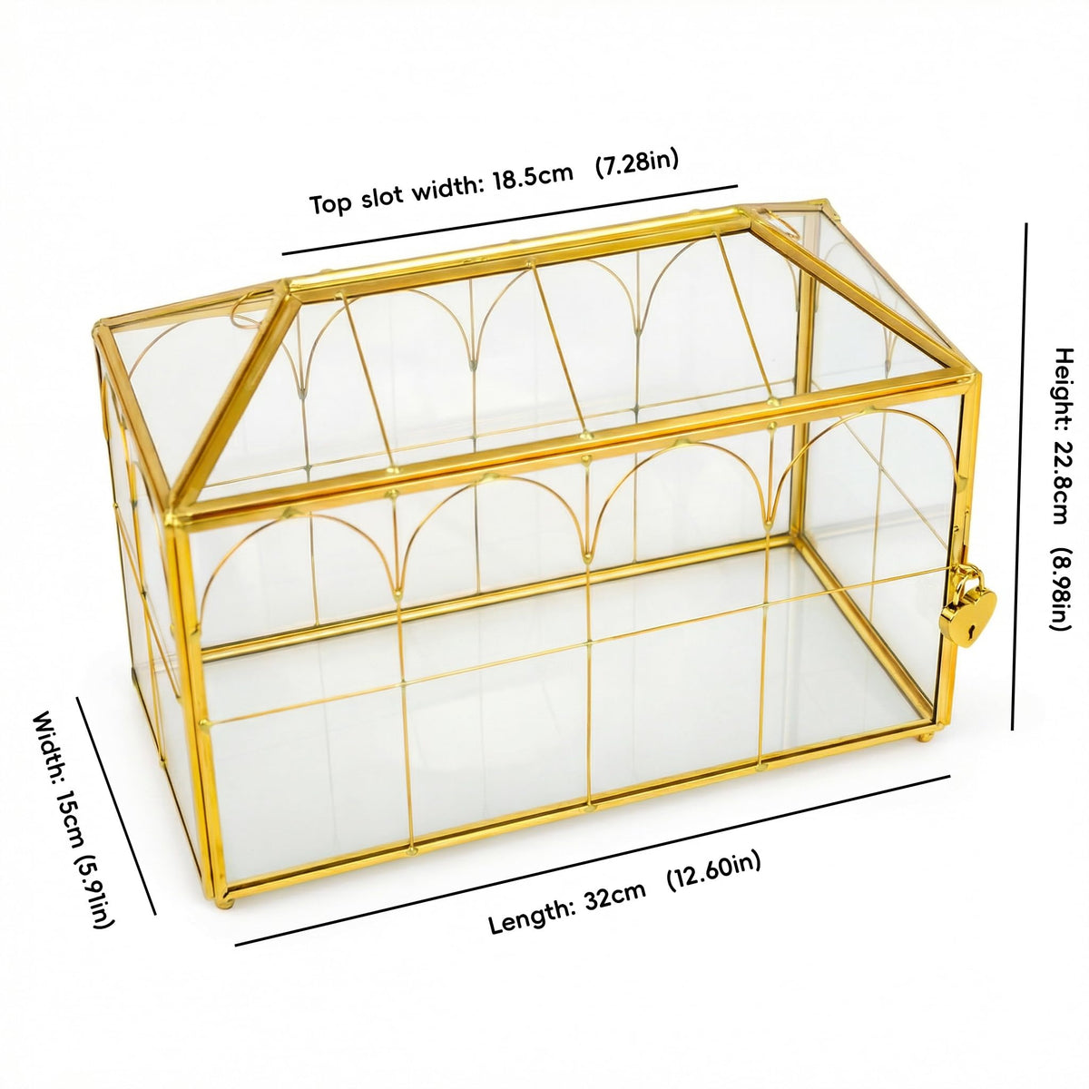 Corvanero glass card box with gold frame offers elegant reception display.