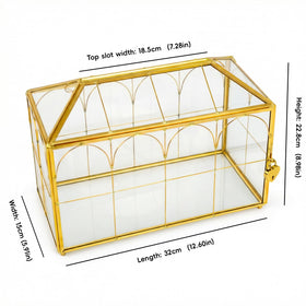 Corvanero glass card box with gold frame offers elegant reception display.