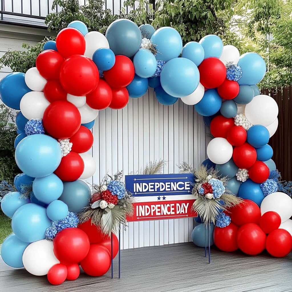 Corvani double-stuffed red-blue balloon arch for durable, vibrant party decor.