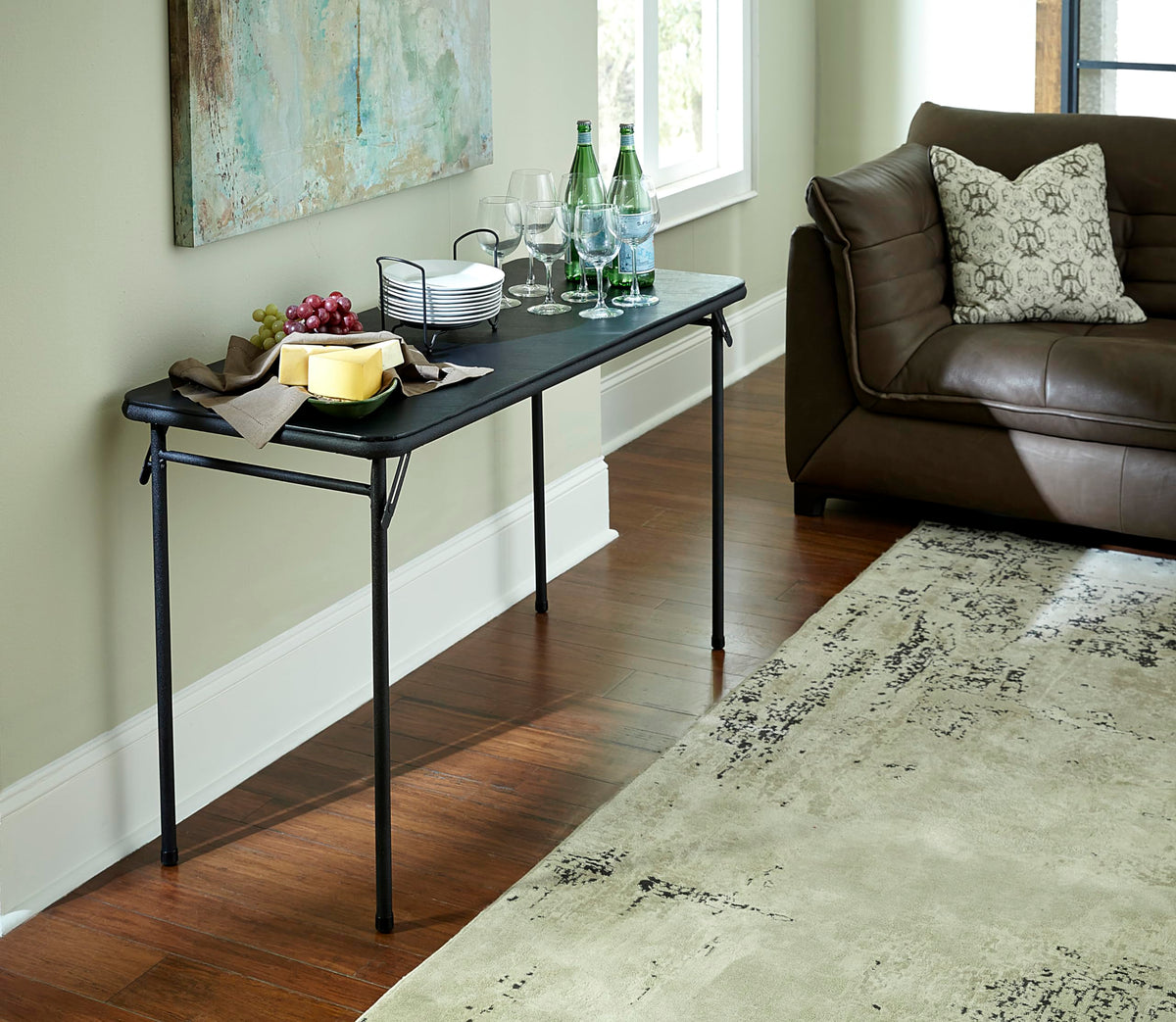 Cosco folding table with black frame demonstrates non-marring leg tips protecting floors.