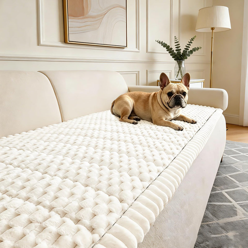 CoSofSLIP couch cover on beige sofa, dog-friendly and protects from pet hair