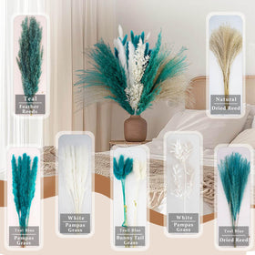 COSOKUU pampas grass for boho wedding decor in teal blue adds texture to centerpieces.