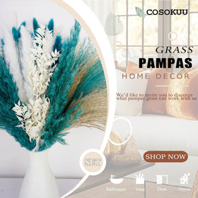 COSOKUU teal blue pampas grass for entryways and living spaces.