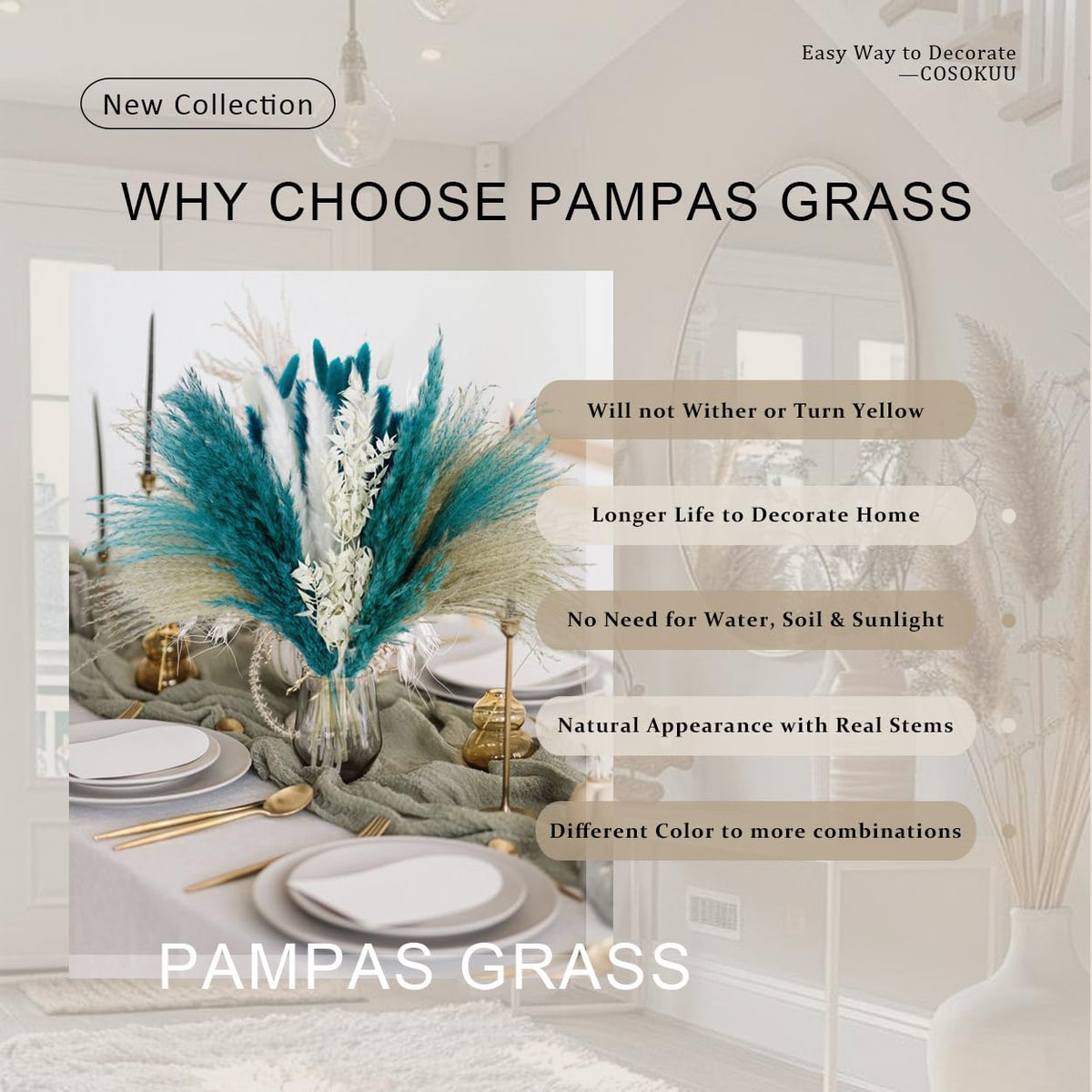 COSOKUU pampas grass table decor in teal creates stylish focal points.