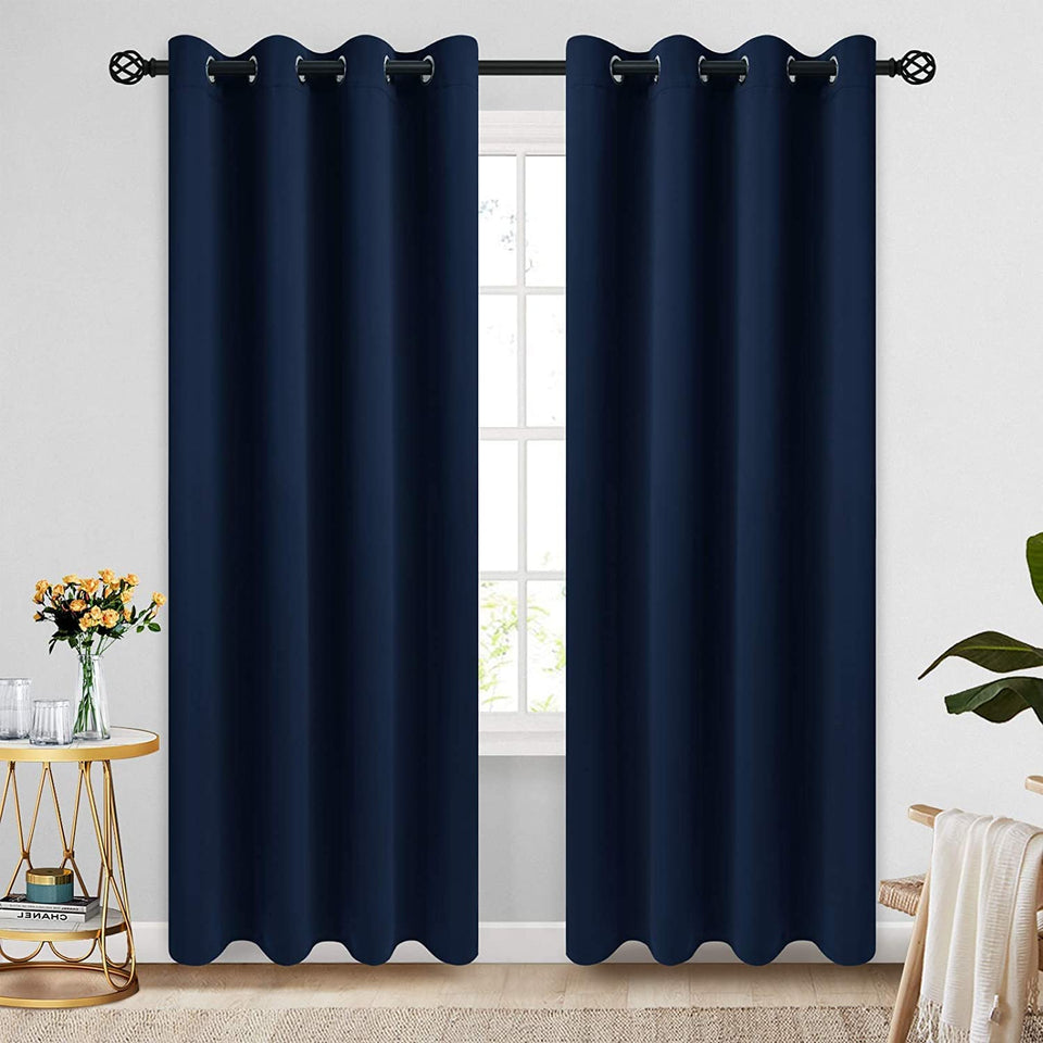 COSVIYA grommet blackout curtains navy blue front view shows thick light-blocking fabric for privacy.
