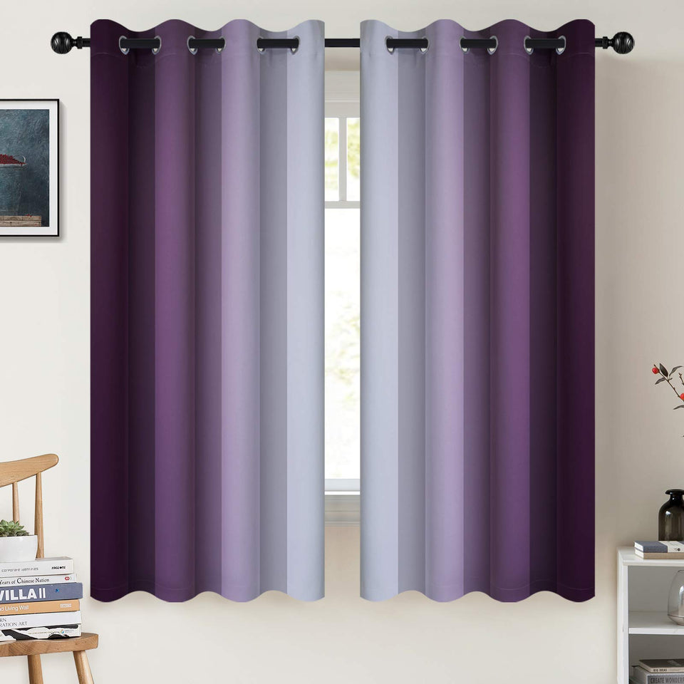COSVIYA grommet ombre curtains in purple to gray gradient for privacy and glare control.