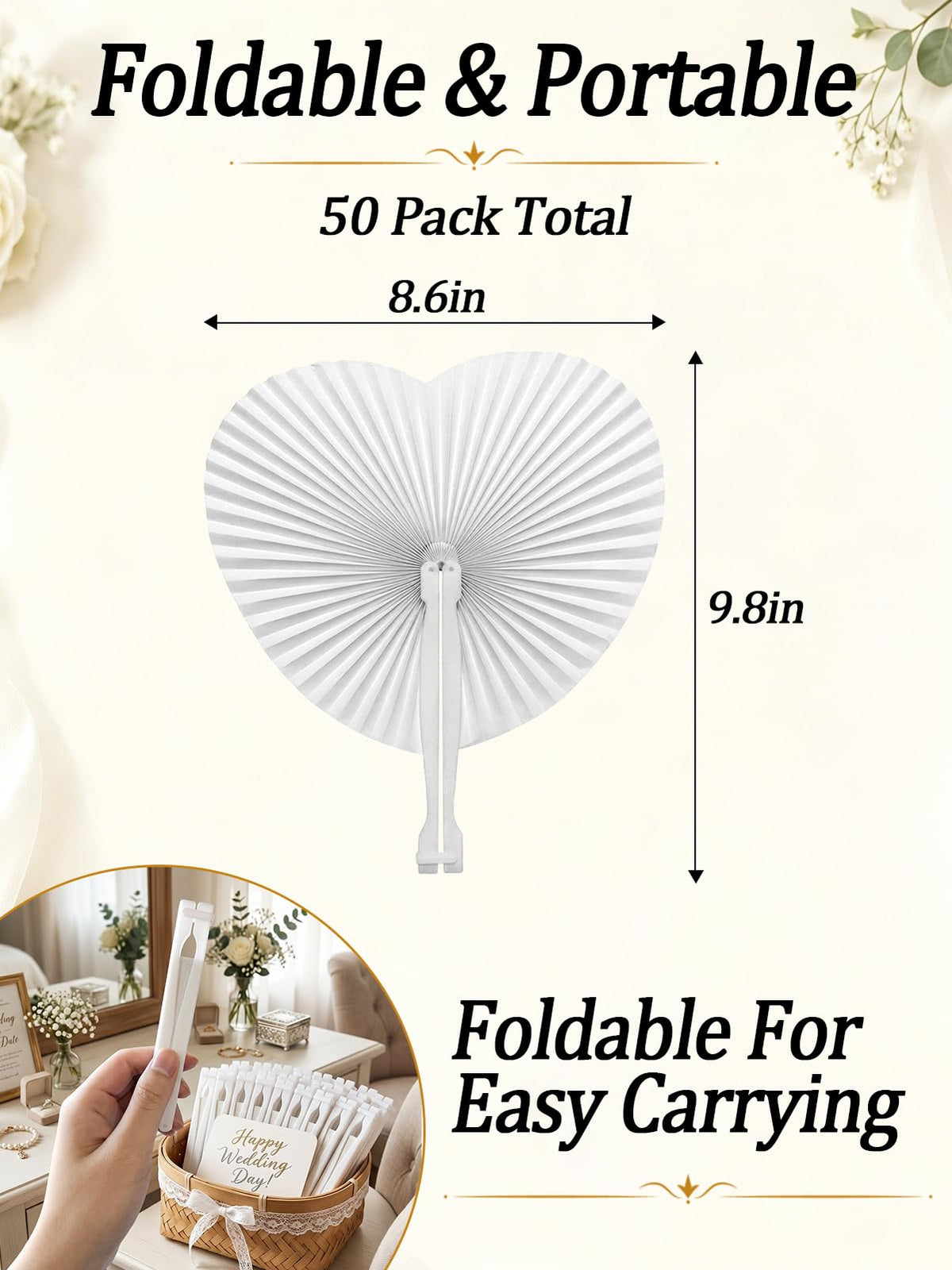 Cosweet white folding fan used as wedding decor and photo backdrop accessory.