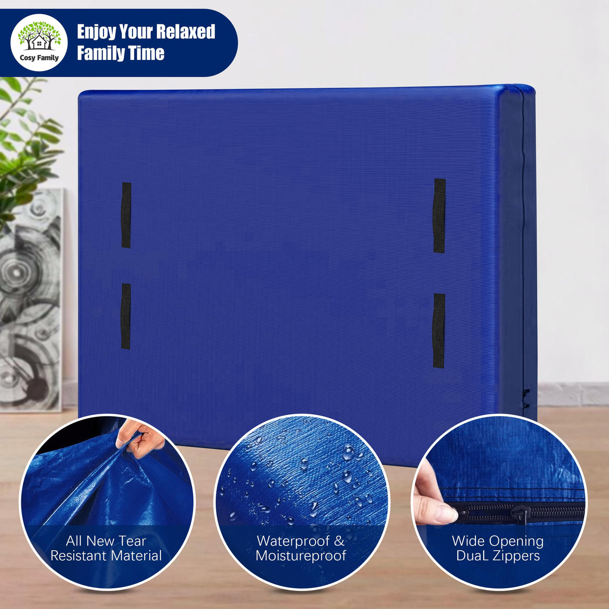 Cosy Family waterproof mattress bag protects against rain during transport.