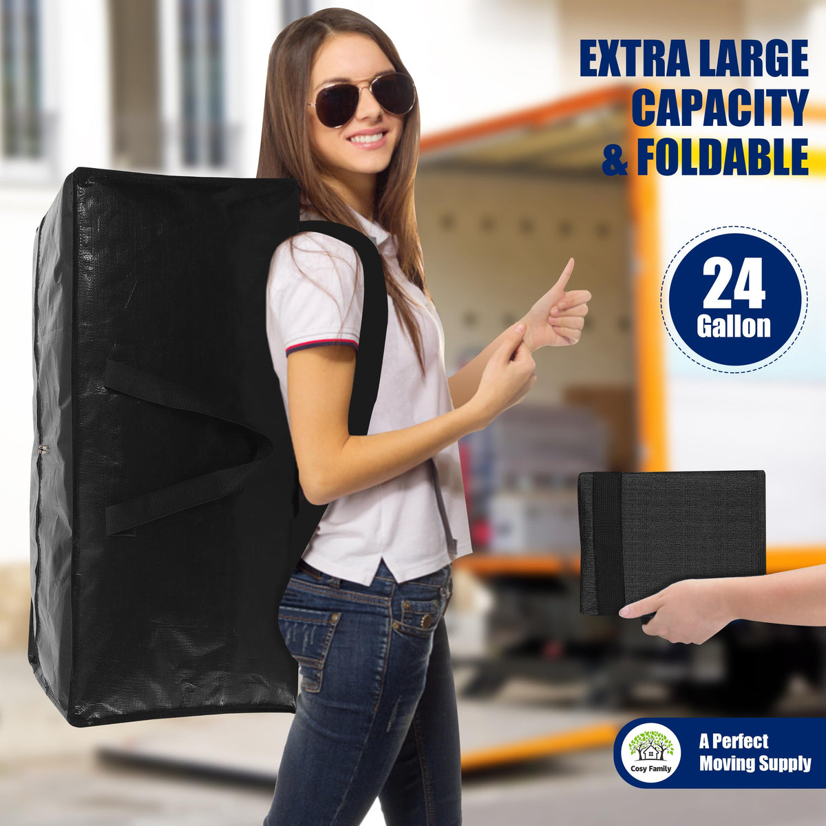 Cosy Family moving bags side-stack used for versatile closet storage.