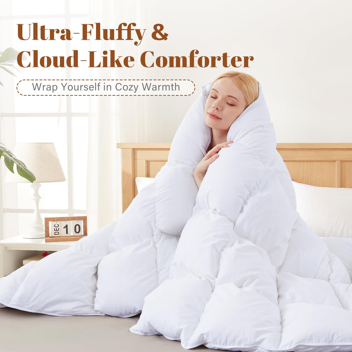 Cosybay comforter shows 82x86 size on a bed for full coverage.