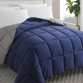 Cosybay down alternative comforter blue-grey close-up showing soft fill for all-season warmth.