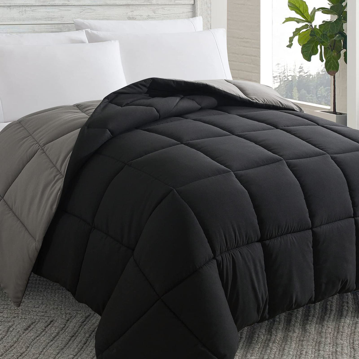 Cosybay down-alternative comforter close-up shows box stitching for stable fill.
