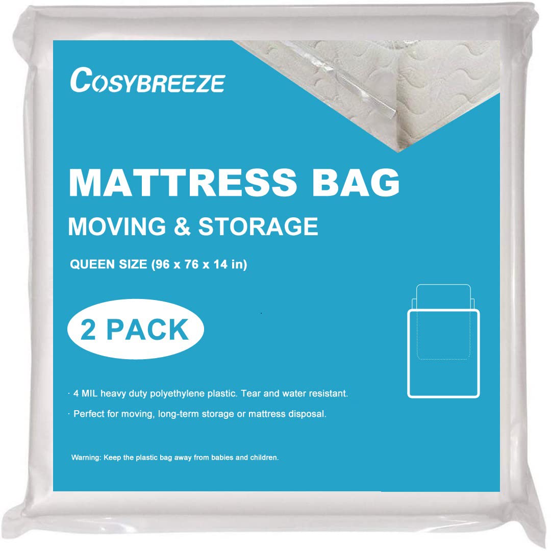 Cosybreeze queen mattress bag 2-pack in use for moving, protects mattress.