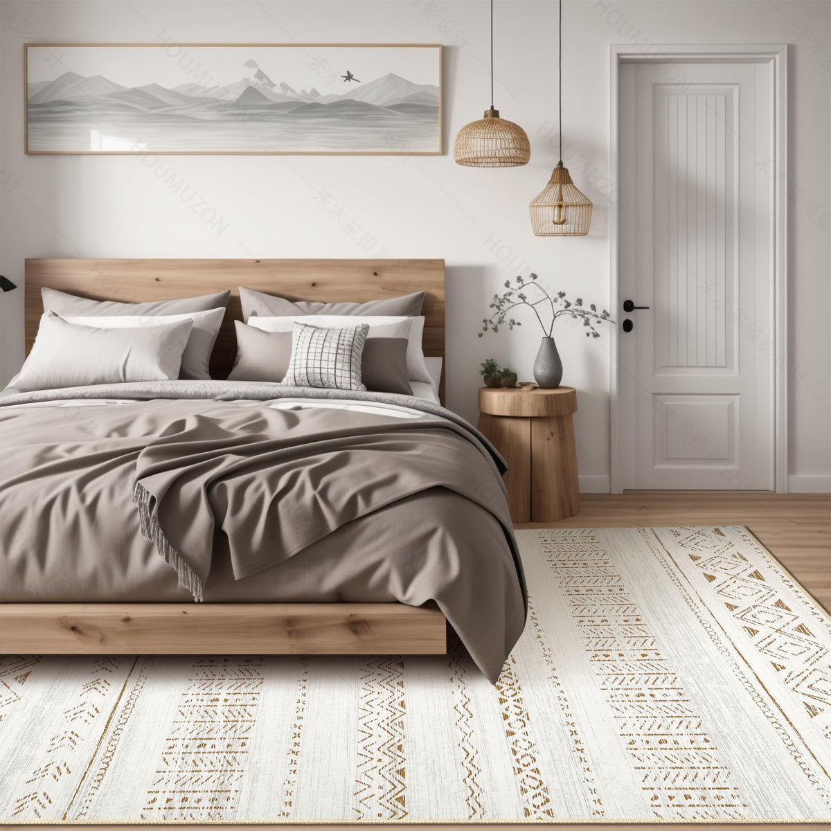 cotiled boho pattern Moroccan rug detail showcases neutral palette and versatile styling