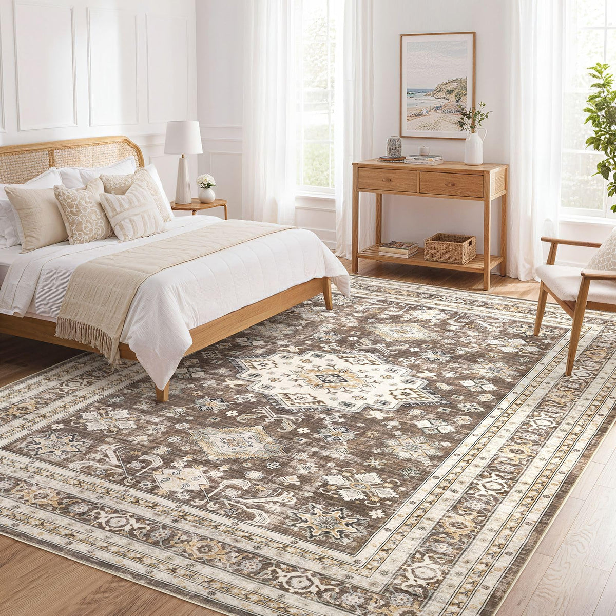 Cotiled dark brown rug complements wood tones and cozy decor