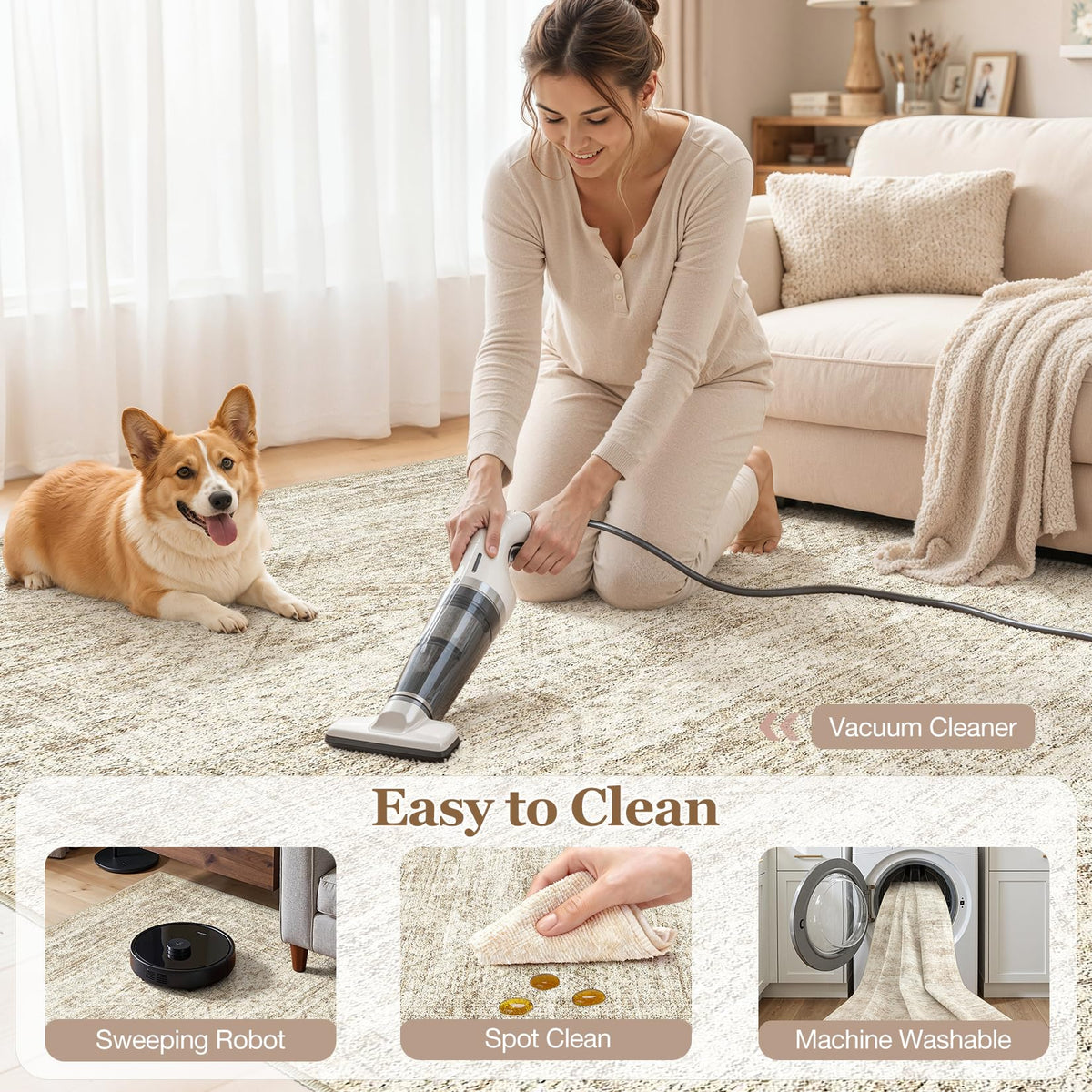Cotiled rug with rubberized backing provides secure grip on wood and tile