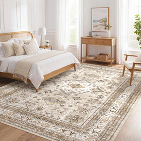 Cotiled beige-toned rug complements neutral walls and cozy textiles.