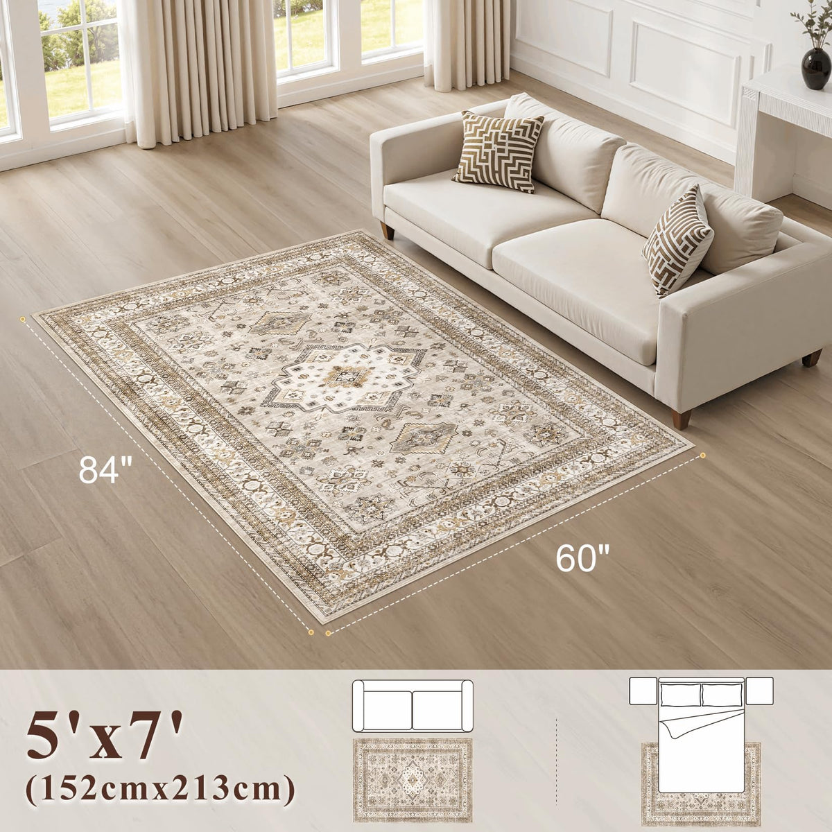 Cotiled washable oriental pattern rug in beige for easy cleanups in busy homes