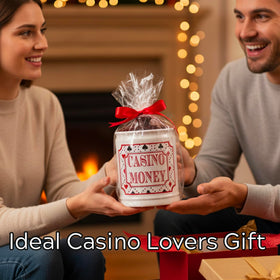 Cottage Creek Casino Money Jar on shelf complements home game night