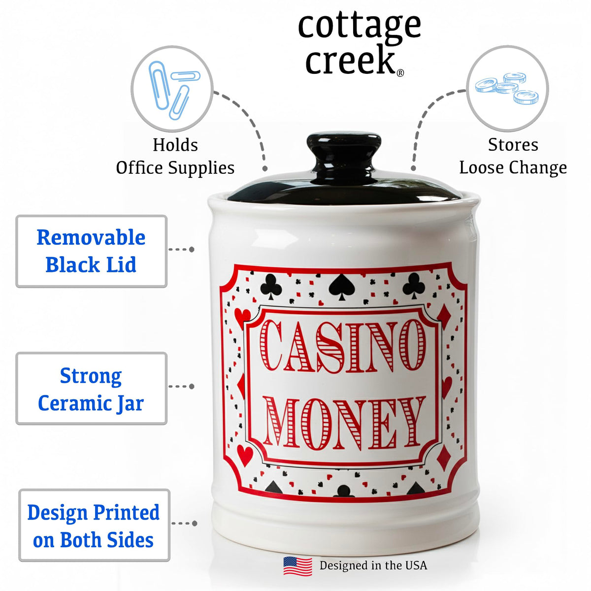 Cottage Creek Casino Money Jar side view highlights compact 6-inch size for desks