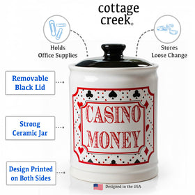 Cottage Creek Casino Money Jar side view highlights compact 6-inch size for desks