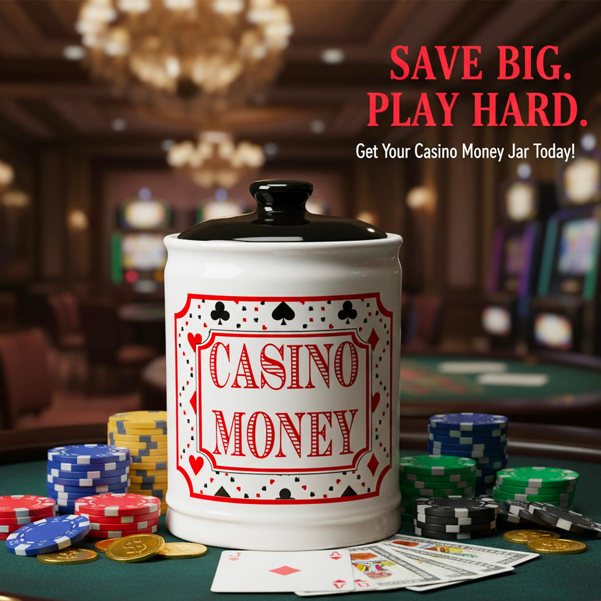 Cottage Creek Casino Money Jar top view reveals lid access for quick saves