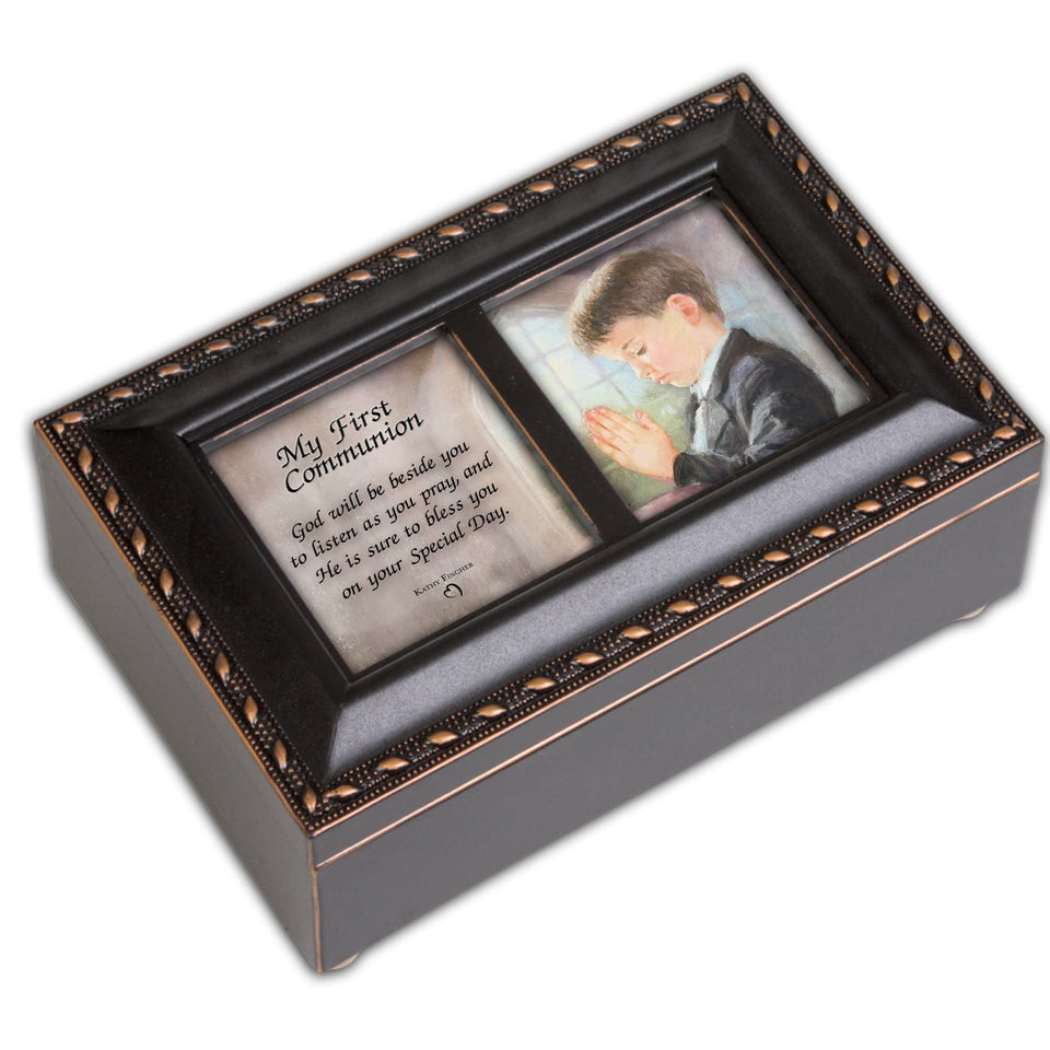 Cottage Garden music box front view with matte black rope trim, timeless keepsake.