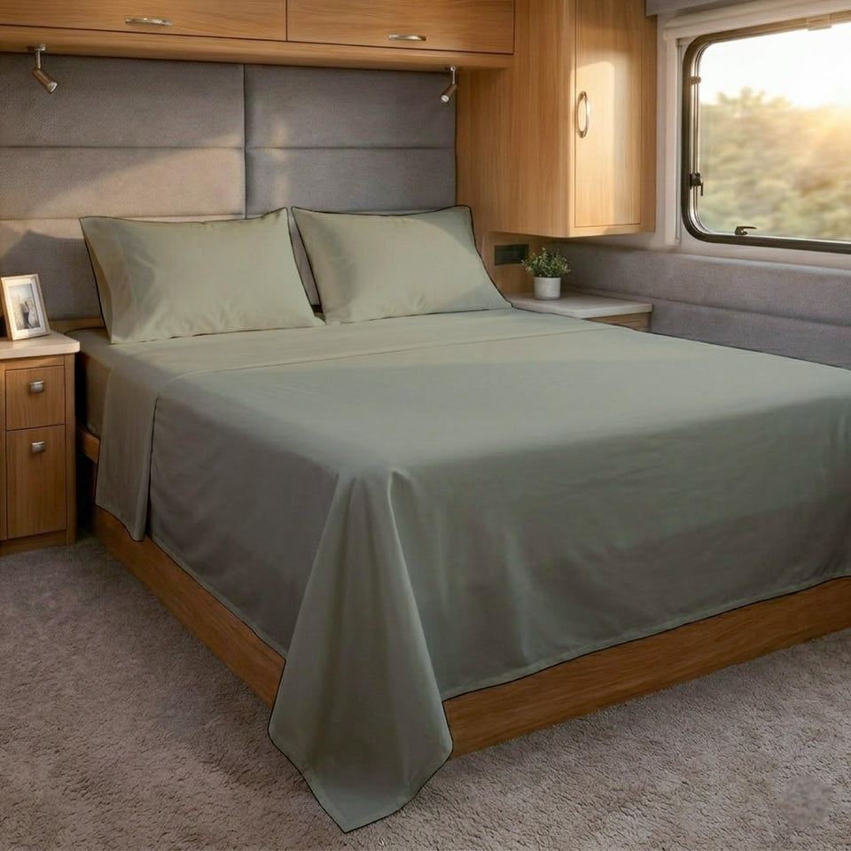 Cottingon RV King Sheets 72x80 flat sheet close-up shows breathable Egyptian cotton for restful nights.