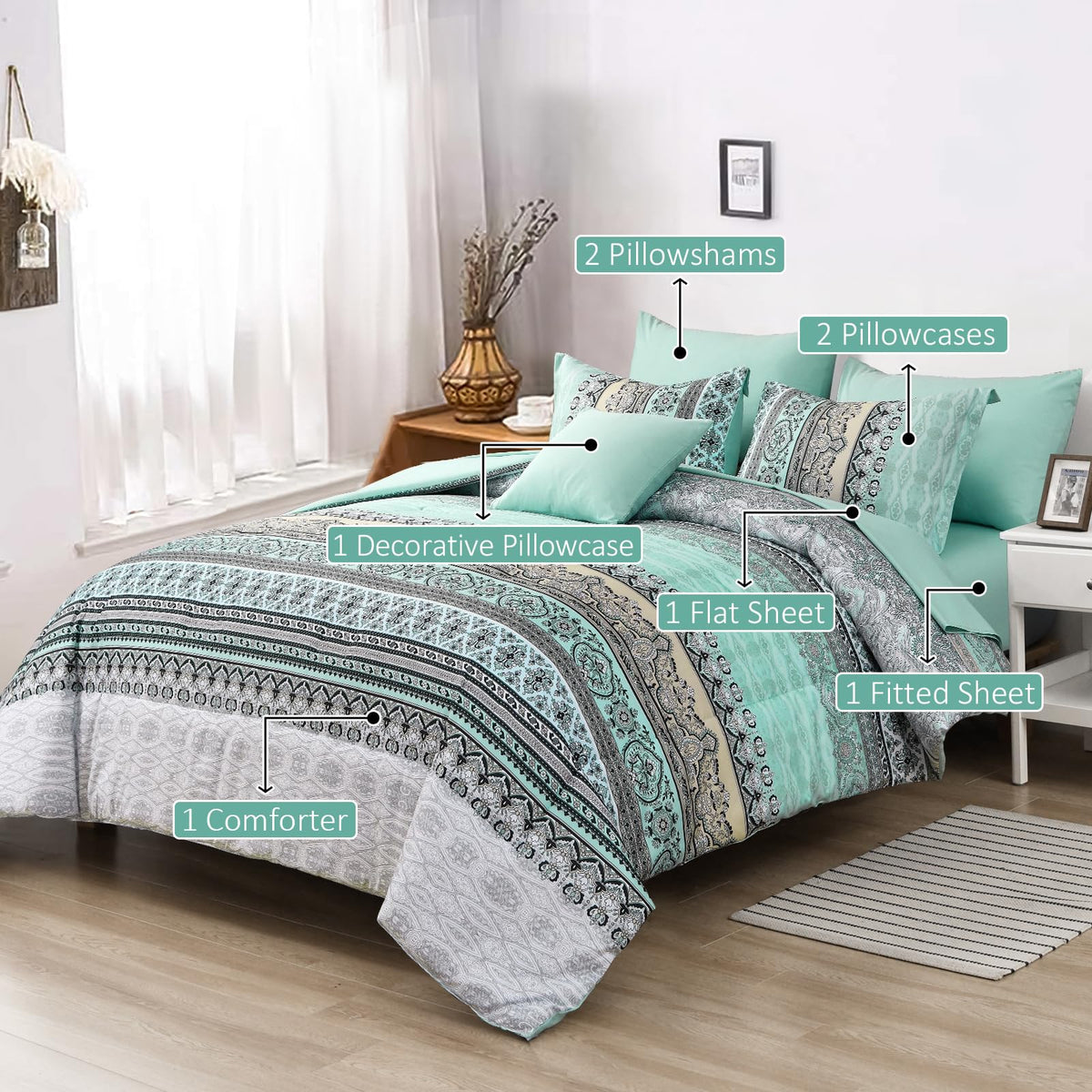 Cottolester sage green flat sheet complements the boho print for cohesive styling.
