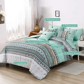 Cottolester sage green flat sheet complements the boho print for cohesive styling.