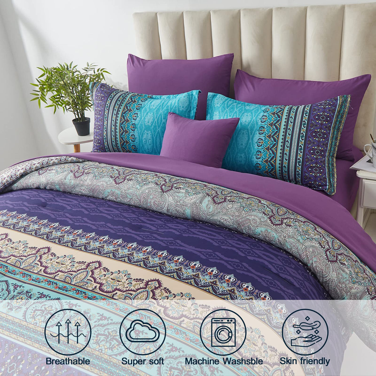 Cottolester Boho Comforter Set close-up shows aqua and purple print that enlivens any bedroom.