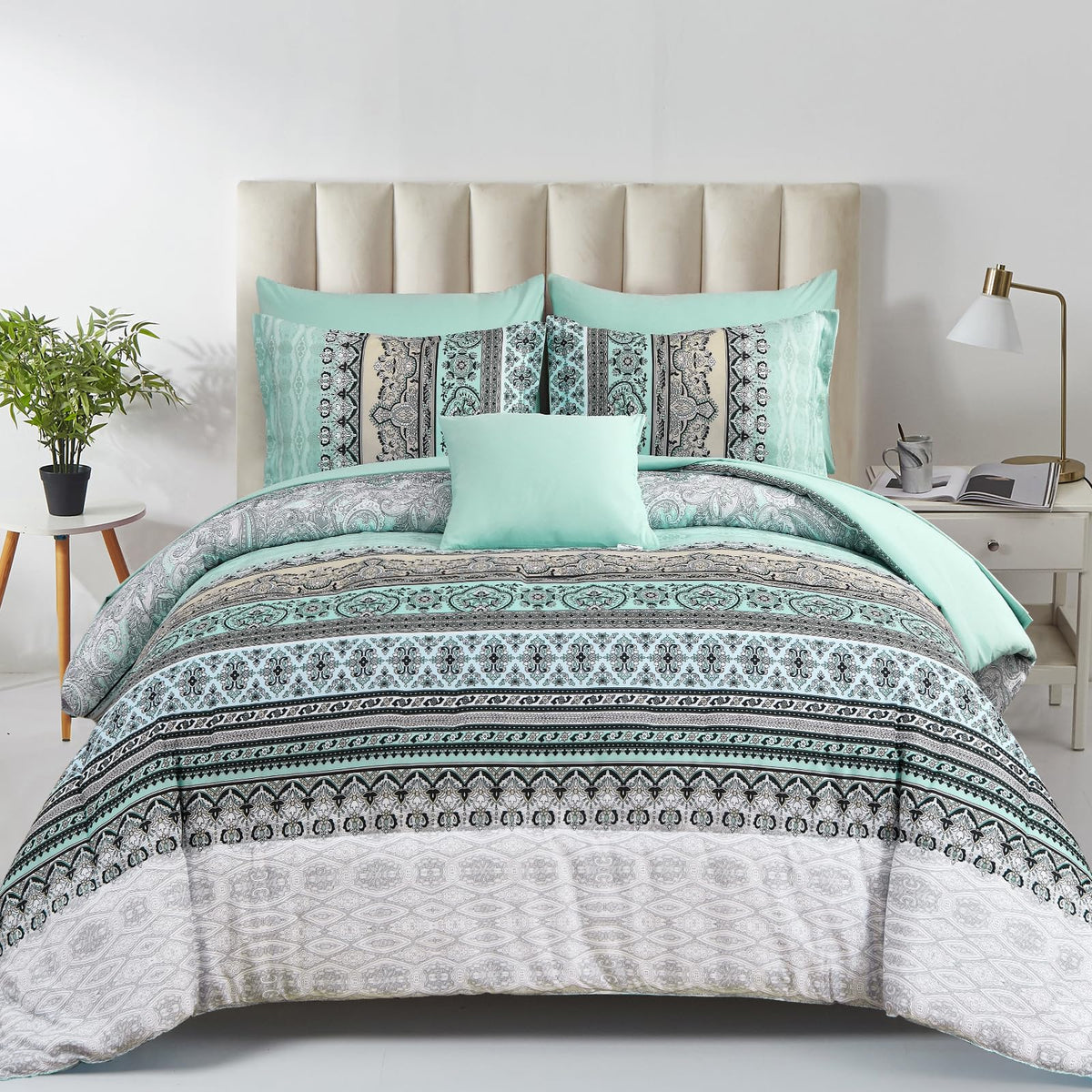 Cottolester Boho comforter set with sage green paisley pattern elevates bedroom decor.