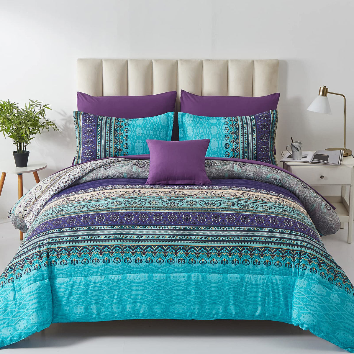 Cottolester Boho Comforter Set on bed with vibrant aqua paisley design brightening the room.